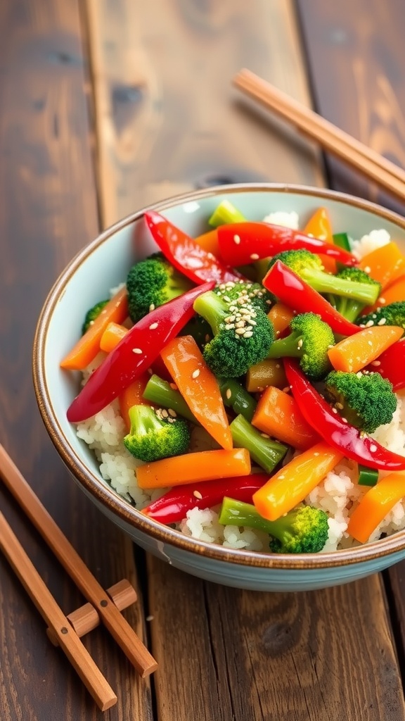 Colorful vegan stir-fry with mixed vegetables and rice on a rustic wooden table.